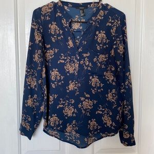 Navy Blue & Tan Floral Blouse